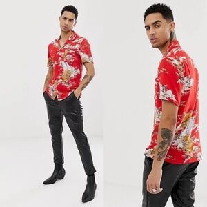 ALLSAINTS Men's Red Tiger Indo SS Button Down Short Sleeve Shirt
